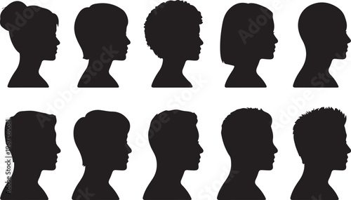 Diverse collection of human head silhouettes showcasing various male and female profiles for generic representation