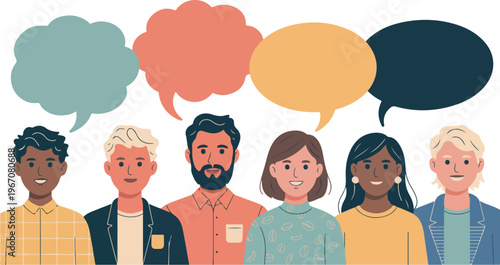 Diverse group of people expressing thoughts with colorful speech bubbles representing communication and community