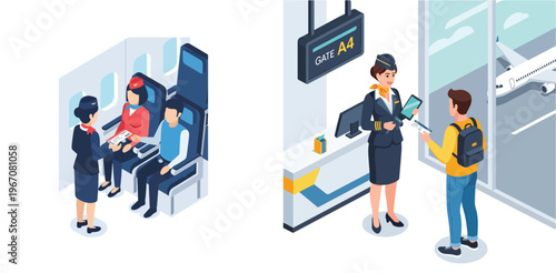 Illustration of airline passengers and crew interacting at an airport gate and on a plane
