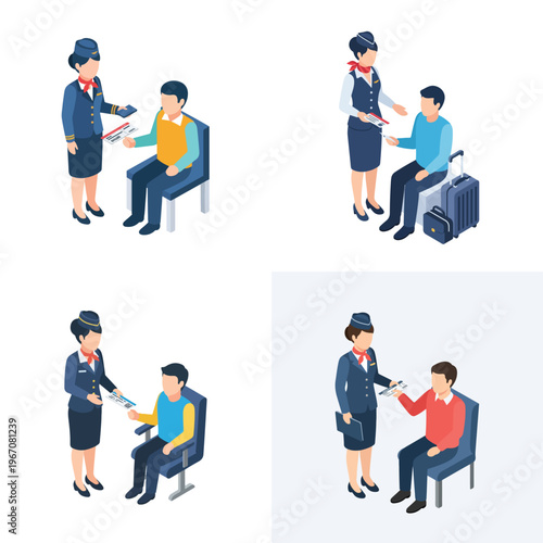 Airlines boarding process illustration with flight attendants assisting passengers with tickets and boarding passes