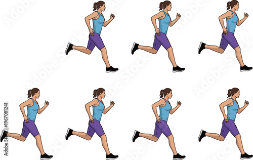 Running woman sequence animation frames jogging female athlete motion steps fitness exercise training vector illustration isolated active lifestyle concept