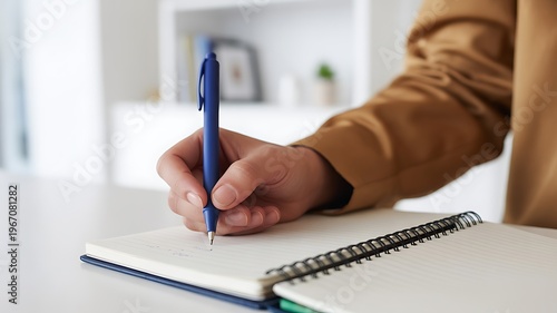 Person writing notes in a spiral notebook with a blue pen on a white desk