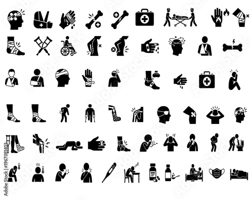 Comprehensive flat vector medical icon collection depicting various emergency scenarios including patient transport, bone fractures, mobility assistance and similar healthcare situations.