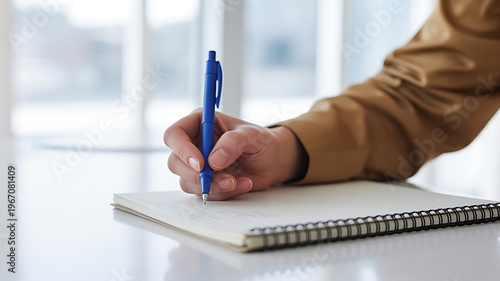Persons hand writes with a blue pen in a spiral notebook near a bright window
