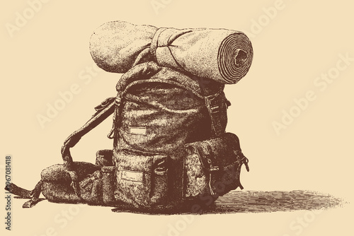 A vector illustration of a hiking backpack. A rolled-up sleeping bag is strapped to the top; retro camping gear.