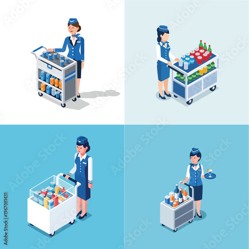 Set of four isometric illustrations of flight attendants with service carts filled with drinks and snacks