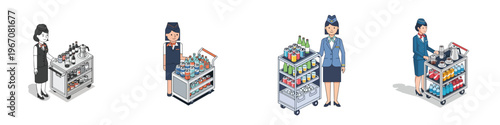 Isometric illustrations of airport staff with service carts, showcasing hospitality and travel services
