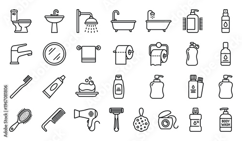 Collection of Bathroom Fixtures and Accessories Line Art Icons