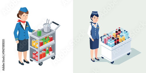 Illustration of airline crew members serving refreshments from a cart and cooler on a plane