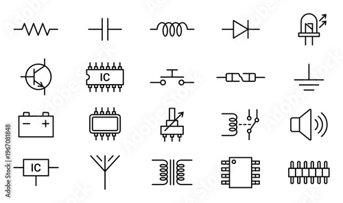 Collection of electronic component schematic symbols for circuit diagrams and design