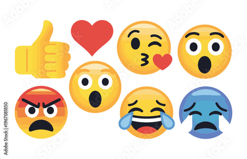 Collection of various emoji and emoticons expressing different feelings, vector illustration on white background