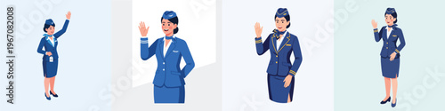 Collection of professional airline cabin crew members in elegant uniforms, depicted in various welcoming and service-oriented poses, symbolizing excellent in-flight hospitality and passenger care