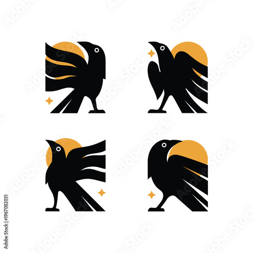 Four stylized black raven birds with orange sun accents