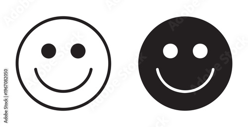 Simple line art and solid black smiley face icons on white background showing happy positive emotions