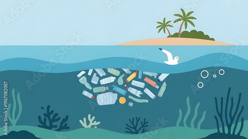 Polluted ocean showing plastic bottles and trash underwater near a tropical island