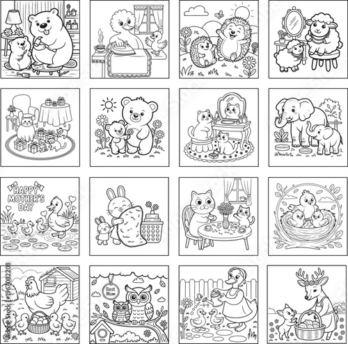 Cute Family and Motherhood Kawaii Doodle Set – Hand-Drawn Black and White Parenting, Animals and Cozy Home Illustrations