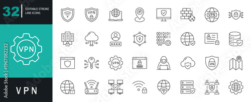 VPN icon set. Containing Virtual Private Network, secure connection, cyber security, privacy, online protection, firewall, password, and more. Editable line icons. Vector illustration.