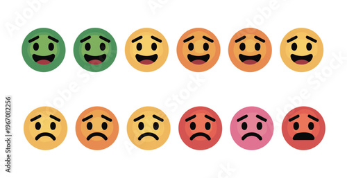 Set of facial expression emoticons showing various moods from very happy to very sad on white background