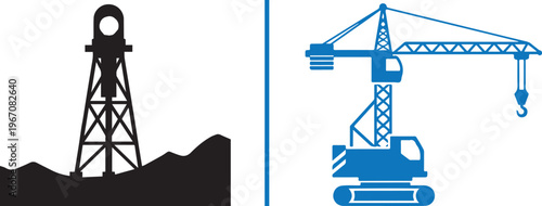 A vector illustration featuring a black silhouette of a drilling rig or tower on rough terrain on the left, and a blue silhouette of a crawler crane on the right.