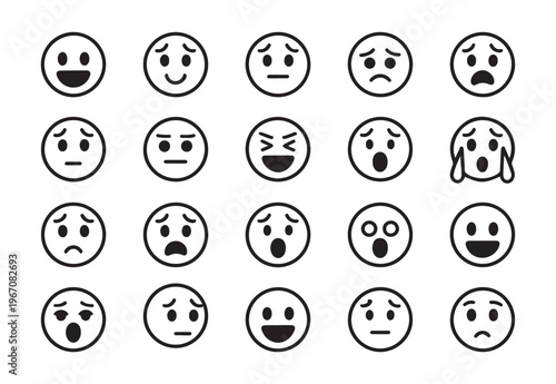 Group of stylized emoji icons expressing different human feelings like joy, sadness, and shock, on plain background
