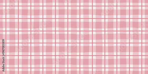 Seamless pink and white plaid pattern with hand-drawn geometric lines and watercolor texture. Plaid background. Modern banner