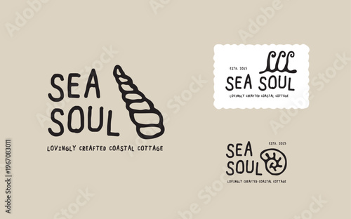 Sea Soul coastal cottage branding kit featuring hand-drawn seashell and wave illustrations with rustic typography for nautical lifestyle brands.