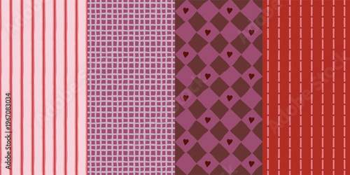 Valentines day seamless pattern set with hand drawn stripes, grid, harlequin checks and hearts in red and pink colors