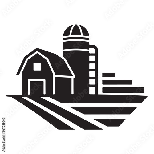 Graphic Farm Scene with Barn, Silo, and Cultivated Land