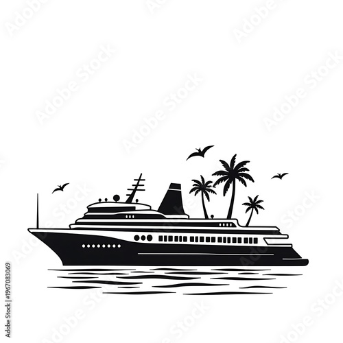 Elegant cruise ship sailing towards tropical palm trees under a clear sky