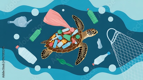 Sea turtle struggling through ocean waters covered with plastic pollution and trash