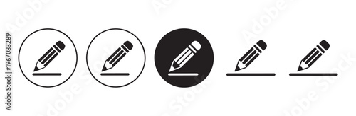 Minimalist pencil writing icons collection featuring circular buttons and silhouettes on white background set.