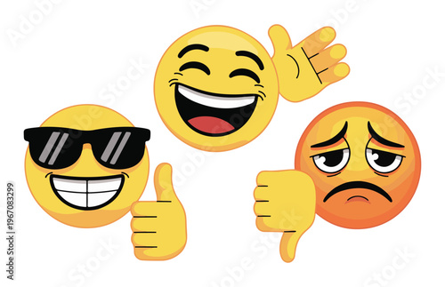 Vibrant yellow 3d style emoji characters with hand gestures like thumbs up thumbs down and waving hello icon