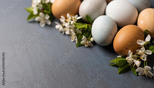 Happy Easter greeting Card with copy space. Colorful easter eggs with spring flowers on dark blue background