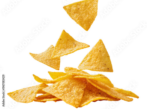 Tablou pe pânză Golden crispy corn tortilla chips falling and stacked in a delicious pile, isola