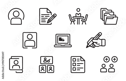 Business office and administration line icons set with person profile folder and document symbols in vector.