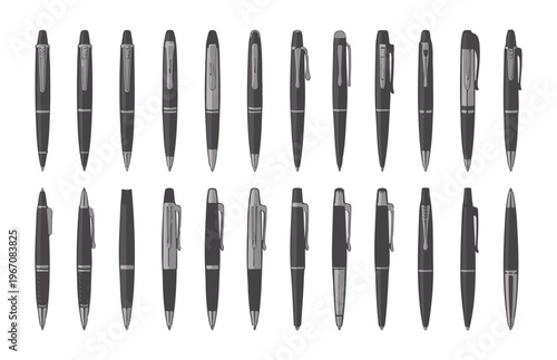 Detailed color pen vector icon set of 16 in two rows for business and education tools on white background.