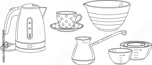 Kitchen Appliances and Tableware Set Featuring Electric Kettle, Cups, Bowls, and Measuring Jugs for Culinary and Cooking Illustration