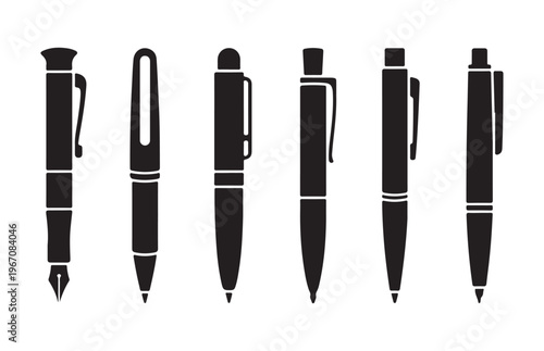Set of black pen vector icon in single row on white background business and education tools collection.