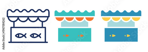 Aquarium Stall Set: Three illustrative images of an aquarium stall, showcasing various designs and styles in a clean, uncluttered visual.