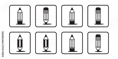 Graphic set of pencil icons in square frames representing writing and sketching tools for education and art.