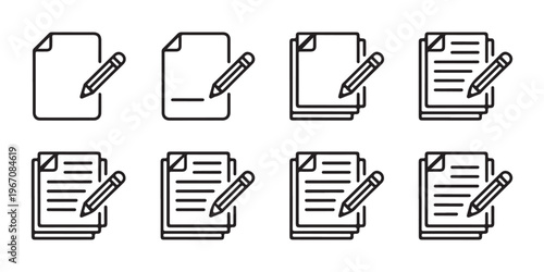 Vector icon set of stacked documents and pencils representing file editing and administrative documentation.