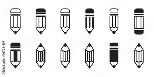 Set of black and white pencil icons showing various designs for writing and drawing tools.