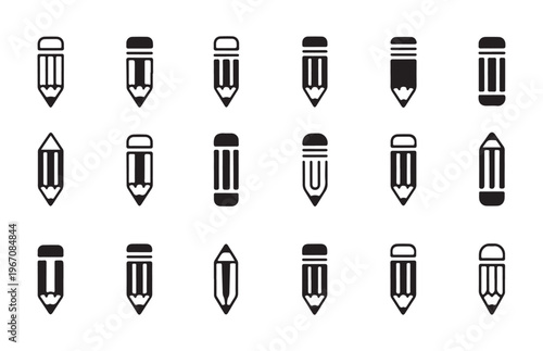 Collection of various black and white pencil icons, illustrating different styles for drawing and writing.