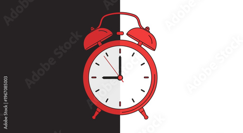 A red alarm clock on a black and white background.