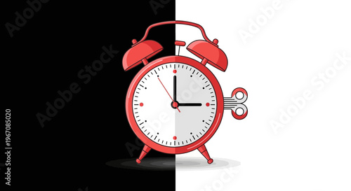 Red alarm clock on black and white background.