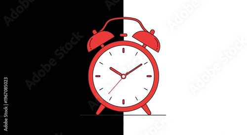 A red alarm clock on a black and white background.