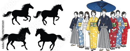 Running horse silhouettes vector set with traditional Japanese kimono people group and umbrella cultural illustration collection