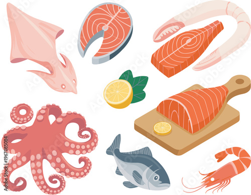 Seafood flat illustration set with fish, salmon, octopus and shrimp