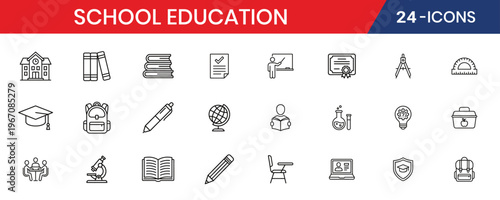 School Education Thin Line Icon Set Minimalist Outline Vector