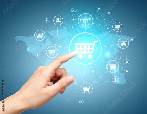 A hand touching a glowing shopping cart icon surrounded by other icons and connected lines against a world map background